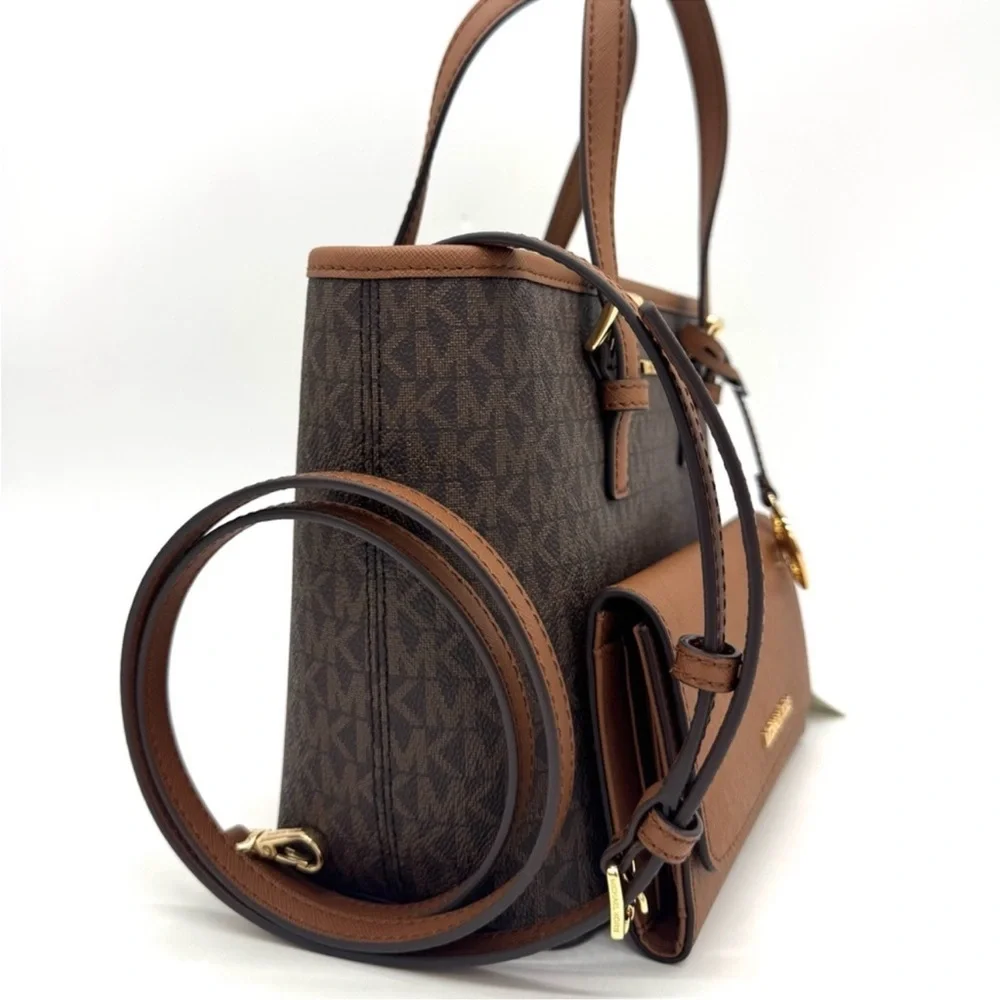 Michael Kors Jet Set Travel Extra-Small Top-Zip lote Bag & Trifold Wallet Brown